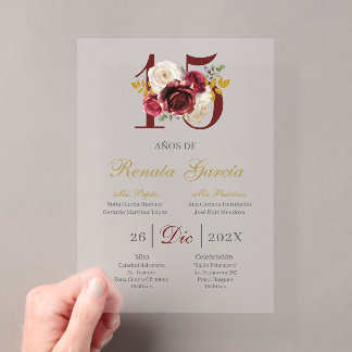 Acrylic Burgundy floral quinceañera invitation Acryleinladungen