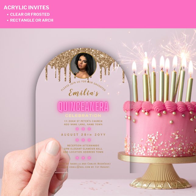 ACRYLIC FOTO Quinceanera Hot Pink Gold Quince Acryleinladungen (Von Creator hochgeladen)