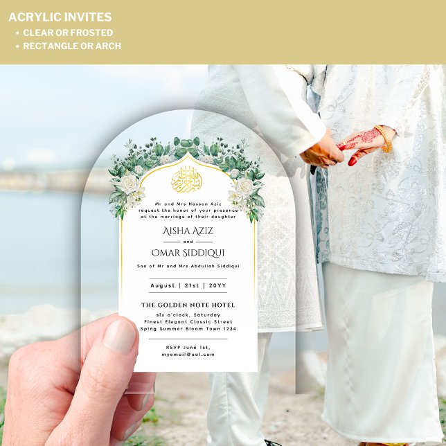 ACRYLIC NIKAH WALIMA White Roses Gold Elegante Acryleinladungen (Von Creator hochgeladen)