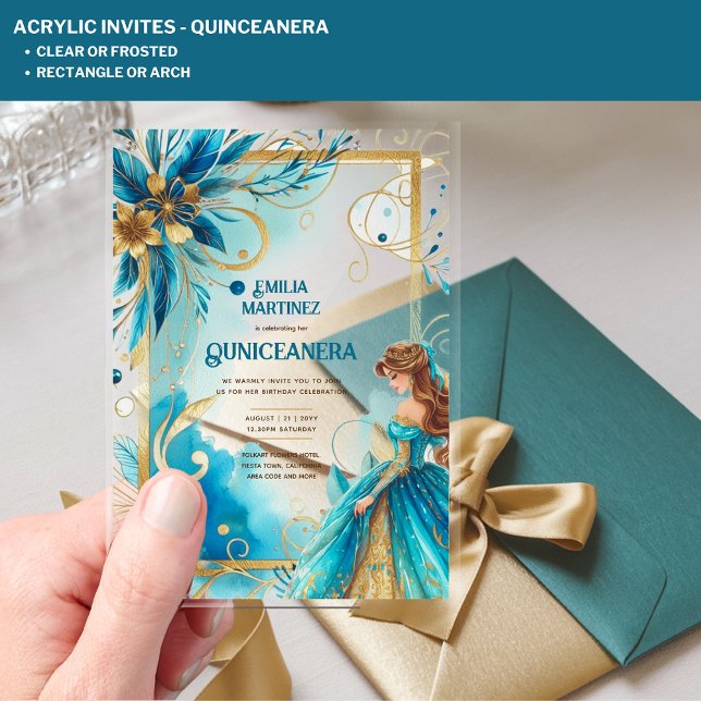 ACRYLIC Quinceanera Aquamarin Gold Floral Dress Qu Acryleinladungen (Von Creator hochgeladen)