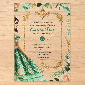 ACRYLIC Quinceañera Emerald GREEN Gold Dress Acryleinladungen