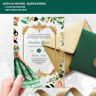 ACRYLIC Quinceañera Emerald GREEN Gold Dress Acryleinladungen