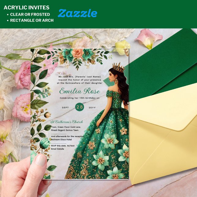 ACRYLIC Quinceañera Emerald GREEN Gold Dress Acryleinladungen (Von Creator hochgeladen)