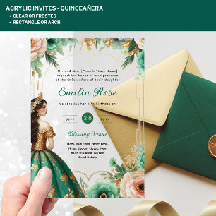 ACRYLIC Quinceañera Emerald GREEN GOLD Dress Acryleinladungen