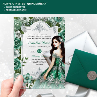 ACRYLIC Quinceañera Emerald GREEN Silver Dress Acryleinladungen