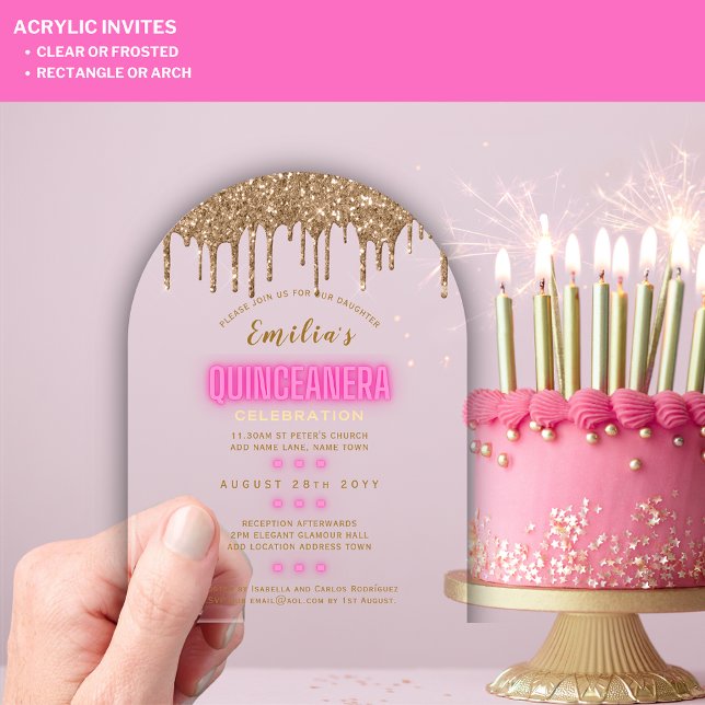 ACRYLIC Quinceanera Hot Pink Gold Glam Diva Quince Acryleinladungen (Von Creator hochgeladen)