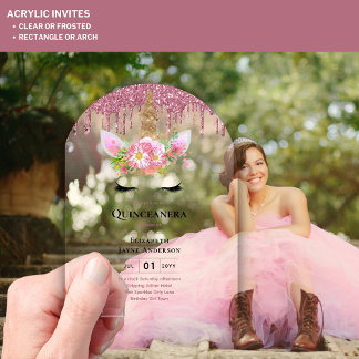ACRYLIC Quinceanera Pink Unicorp Dripping Glitzer Acryleinladungen