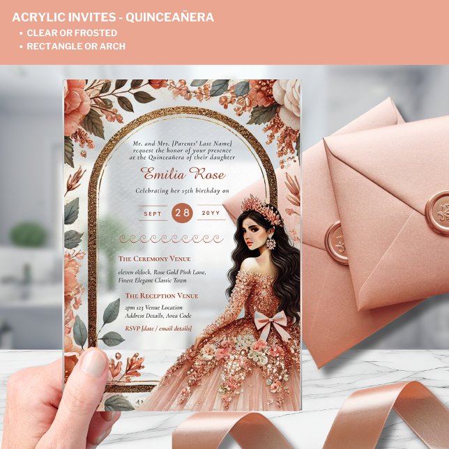 ACRYLIC Quinceanera Rose Gold Rosa Kleid Tiara Acryleinladungen (Von Creator hochgeladen)