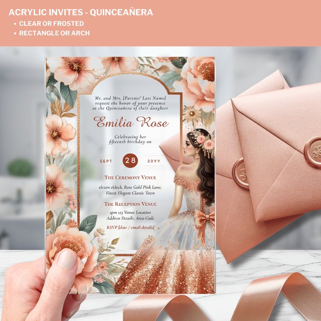 ACRYLIC Quinceanera Rose Gold Rosa Kleid Tiara Acryleinladungen (Von Creator hochgeladen)