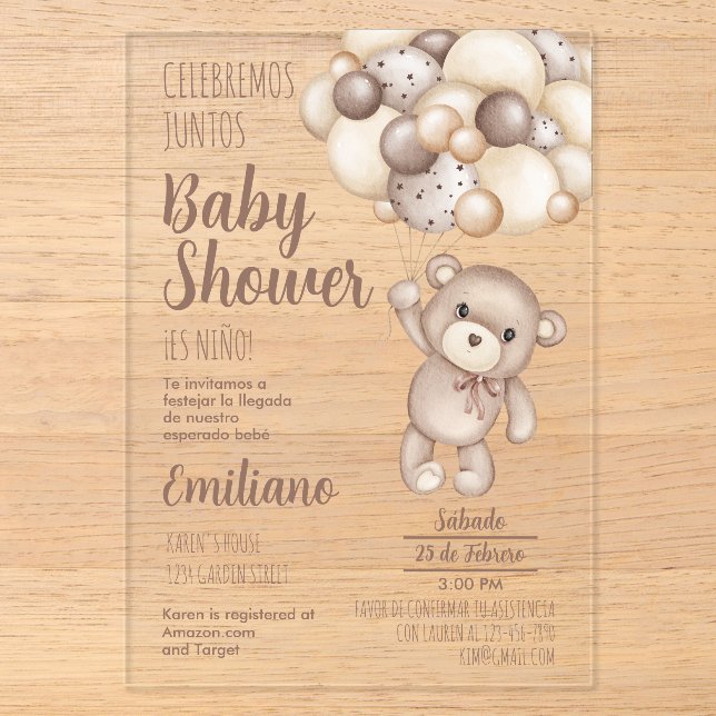 Acrylic Teddy Bear Baby Dusche Spanische Einladung (Vorderseite)