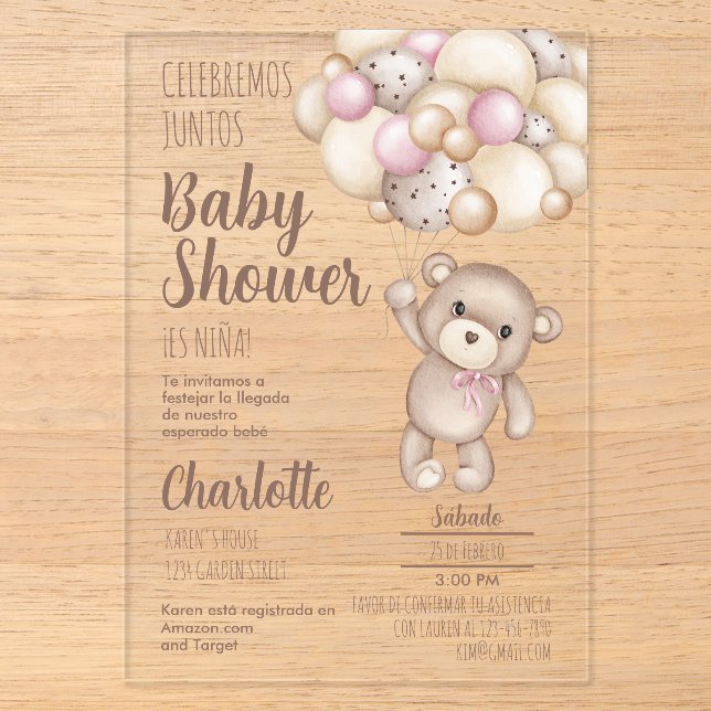 Acrylic Teddy Bear Baby Shower Spanisch Acryleinladungen (Vorderseite)