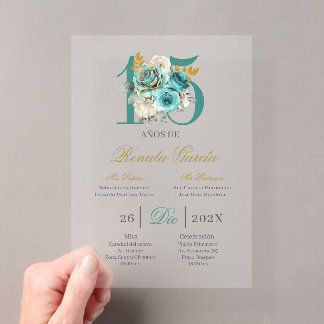 Acrylic Turqouise floral quinceañera invitation