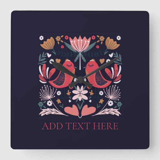 ACRYLIC WALL CLOCK : ROTE BOHO VÖGEL QUADRATISCHE WANDUHR (Vorderseite)