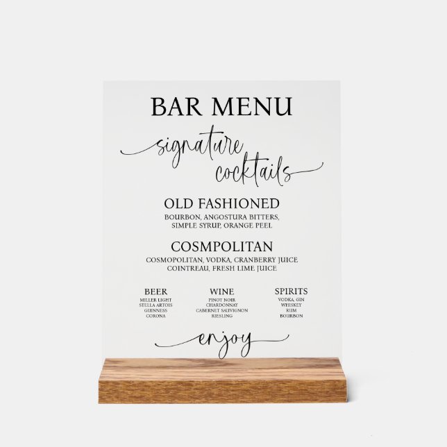 Acrylic Wedding Bar Menu Sign (Recto)
