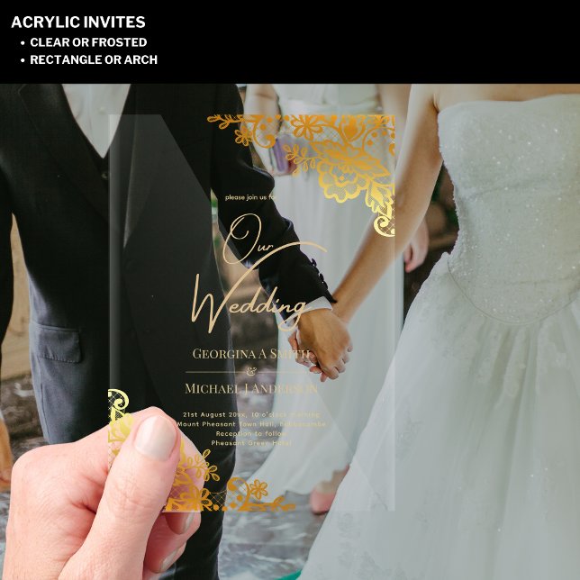 ACRYLIC Wedding Gold Spitzen Text elegant löschen Acryleinladungen (Von Creator hochgeladen)