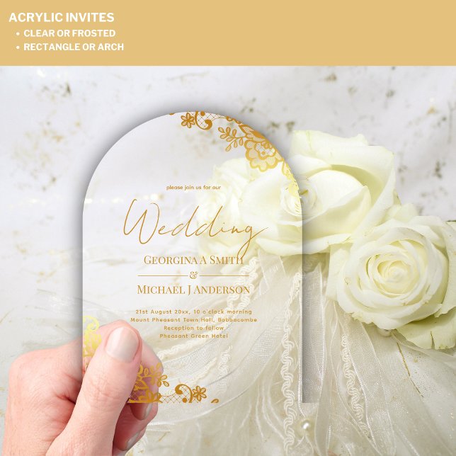 ACRYLIC Wedding Gold Spitzen Text elegant löschen Acryleinladungen (Von Creator hochgeladen)