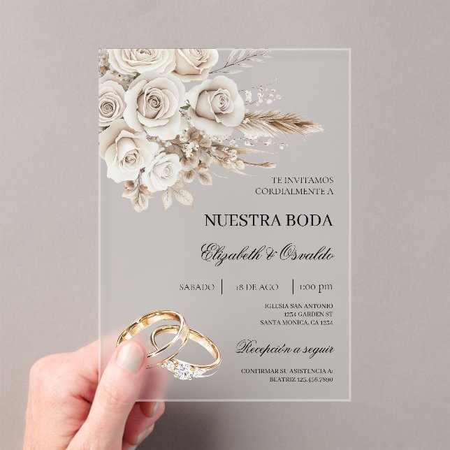 Acrylic White Floral Spanish Wedding Invitation Acryleinladungen (Insitu (Handheld))