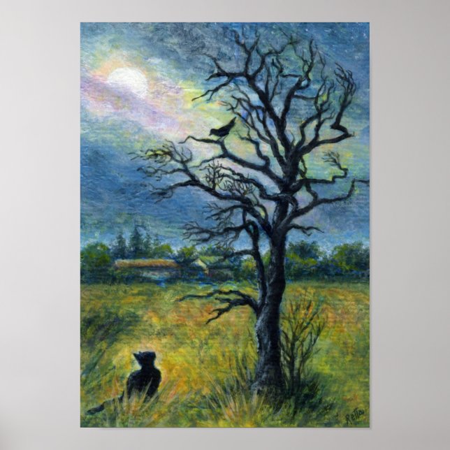 Acrylmalerei, Cat & Bird & Moon Poster (Vorne)