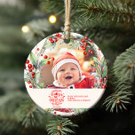 Acrylschmuck Ornament<br><div class="desc">Die Magie des ersten Weihnachtsgeschehens deines Babys mit einem Sake erstrahlen lassen, der den Baum noch Jahre lang schmücken wird. Unser Foto Elegant Floral Baby's First Christmas Ornament ist eine schöne Mischung aus Eleganz und Sentimentalität, perfekt um diesen besonderen Meilenstein zu feiern. Elegantes Blumendesign: Intrikierte, handgezeichnet Blumenmotive umrahmen das Foto...</div>