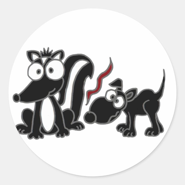 AD-Dog Sniffing Skunk Hintern Cartoon Runder Aufkleber (Vorderseite)