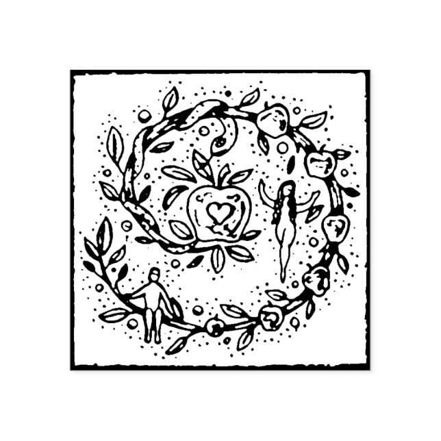 ADAM & EVE, GARTEN VON EDEN, FOLKART RUBBER BRIEFM GUMMISTEMPEL (Prägung)