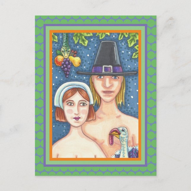 ADAM & EVE PILGRIMS, BIBLICAL WHIMSY ERNTEDANK POSTKARTE (Vorderseite)