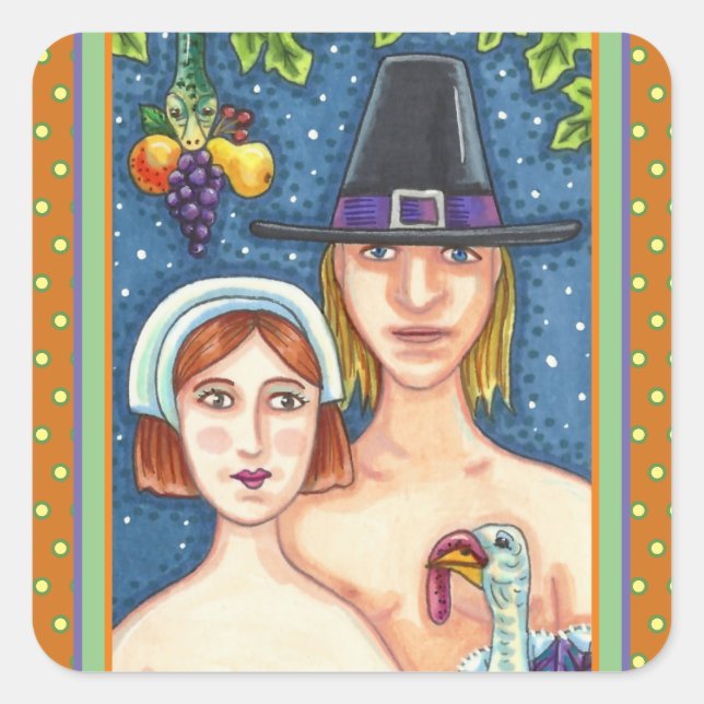 ADAM & EVE PILGRIMS, BIBLICAL WHIMSY ERNTEDANK QUADRATISCHER AUFKLEBER (Vorderseite)