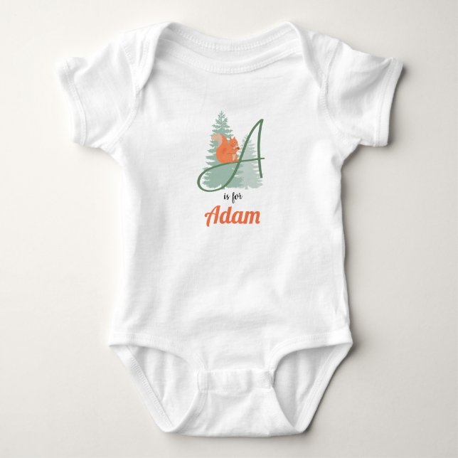 Adam Name Reveal Letter A Woodland Boy Eichhörnche Baby Strampler (Vorderseite)