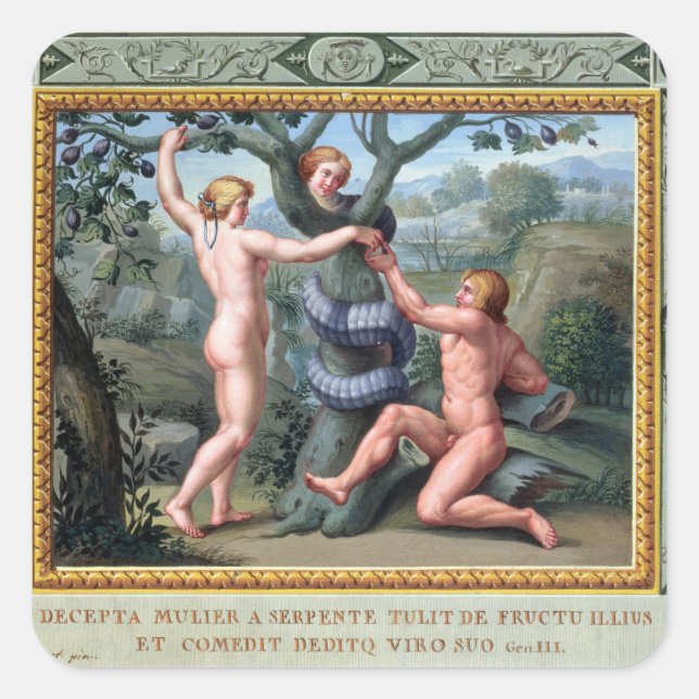 Adam und Eva mit Schlange, Abbildung von t Quadratischer Aufkleber (Vorderseite)