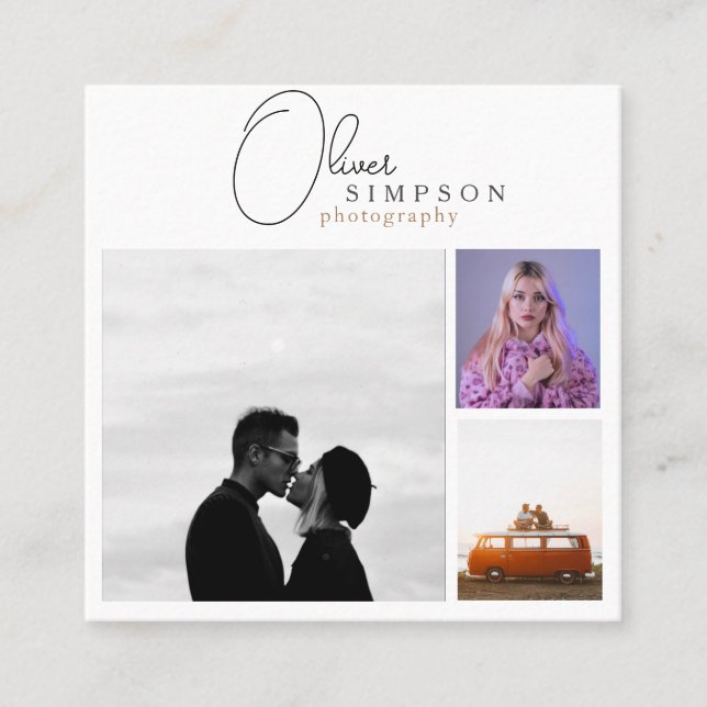 Add 3 Photos Script Photography QR Quadratische Visitenkarte (Vorderseite)