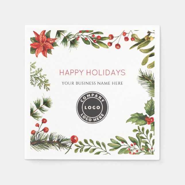 Add Business Logo Happy Holidays Berries Paper Serviette (Vorderseite)