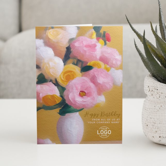 Add Logo Pink Yellow Flowers Business Birthday Karte (Von Creator hochgeladen)
