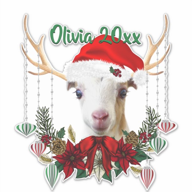 ADD NAME - Adorable Christmas LaMancha Ziege Kind Aufkleber (Vorderseite)