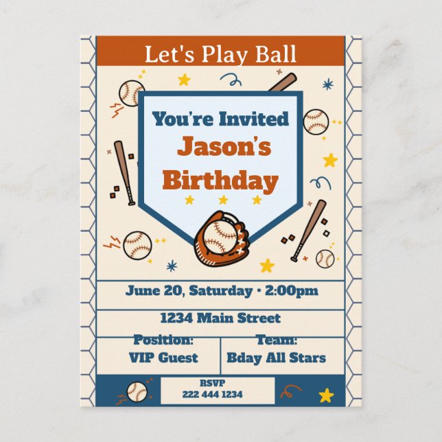 Add Name - Baseball Birthday Invitation for Boys Einladungspostkarte (Vorderseite)