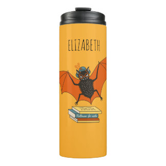 Add Name Bat Librarian with Books - Reading Lover Thermosbecher