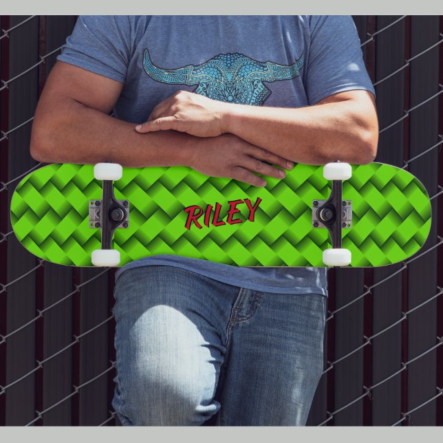 Add Name Initials, Green Woven Hash Pattern Skateb Skateboard (Von Creator hochgeladen)