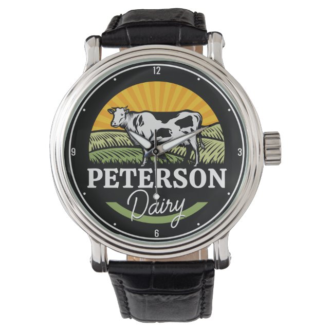 ADD NAME Sunset Dairy Farm Grazing Holstein Kuh Armbanduhr (Vorderseite)