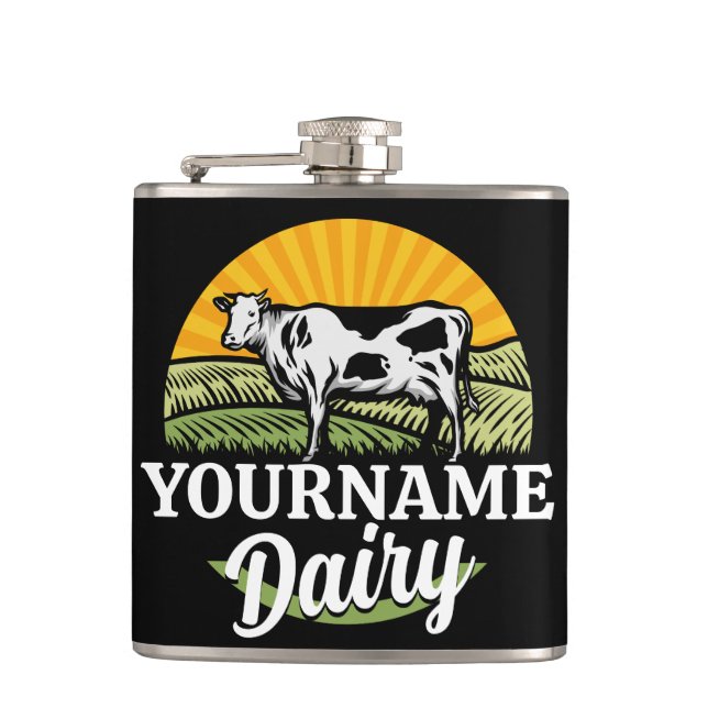 ADD NAME Sunset Dairy Farm Grazing Holstein Kuh Flachmann (Vorderseite)