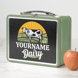 ADD NAME Sunset Dairy Farm Grazing Holstein Kuh Metall Brotdose