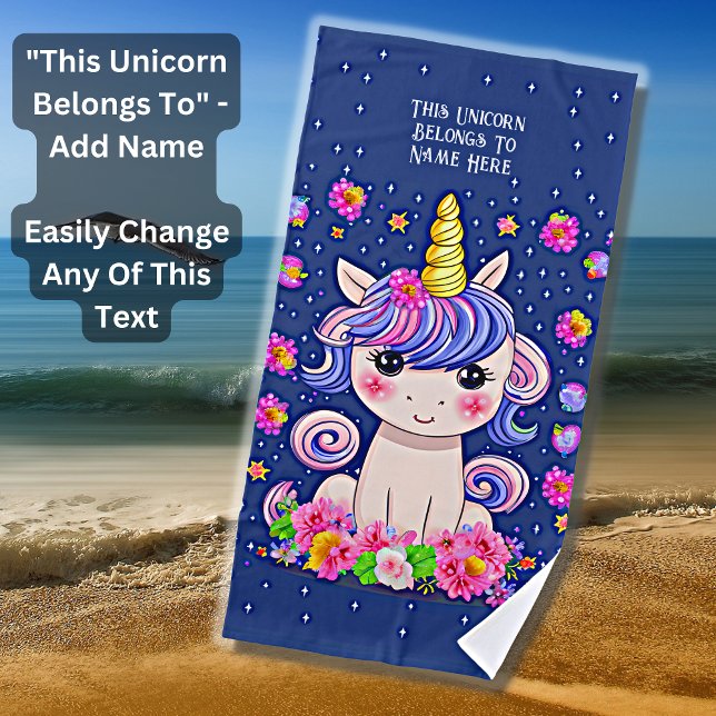 Add Name Text, Baby Unicorn Flowers & Stars Blue   Strandtuch (Von Creator hochgeladen)