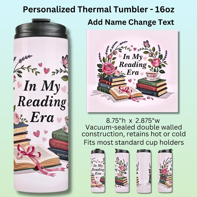 Add Name Text In My Reading Era Pink Books Flowers Thermosbecher (Von Creator hochgeladen)