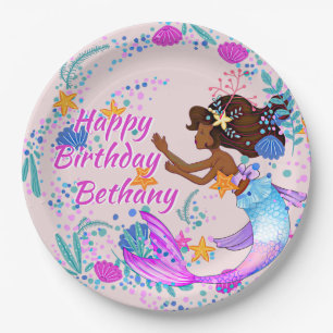 Add Name Text Mermaid Pink Mauve Aqua Party Pappteller