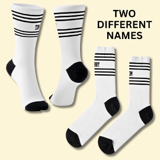 Add TWO Names Black Stripes on White Socks Socken