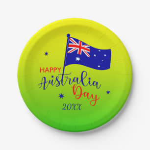 Add Year Happy Australia Day Flag Green Gold 7" Pappteller