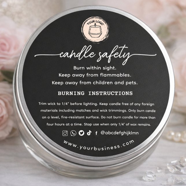 Add your Logo Elegant Black Candle safety Label Runder Aufkleber (Von Creator hochgeladen)