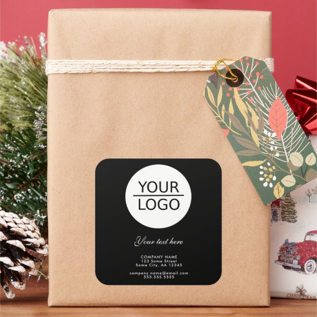 Add your Logo with Custom Text Promotion Black Quadratischer Aufkleber (Feiertag)