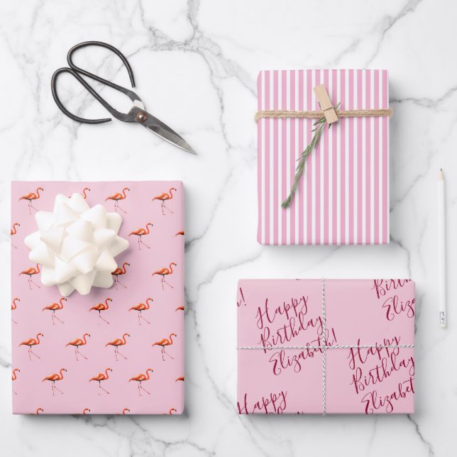 Add Your Message 3 Sheets Pink Flamingo Geschenkpapier Set (Vorderseite)