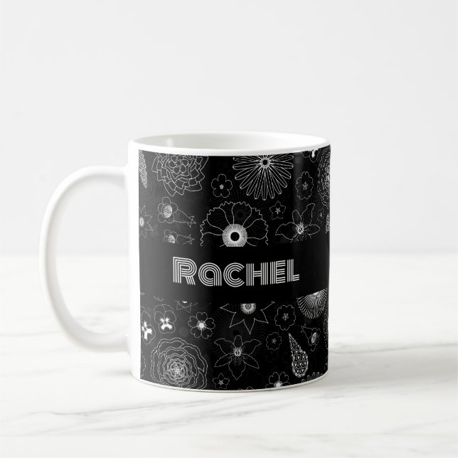 Add Your Name Floral Outline Black & White Pattern Kaffeetasse (Links)