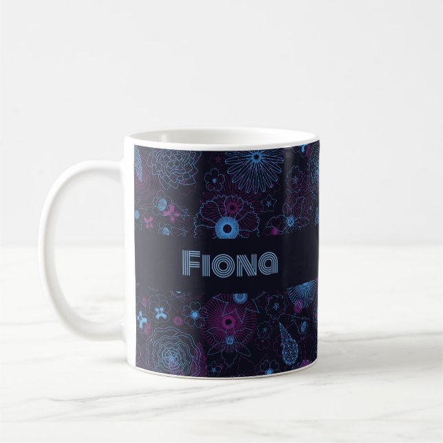 Add Your Name Floral Outline Blue & Purple Pattern Kaffeetasse (Links)