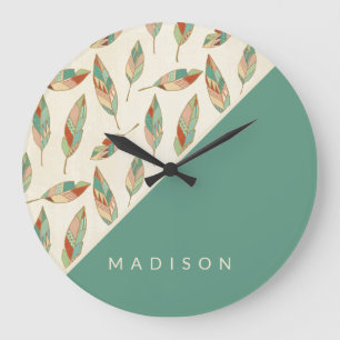 Add Your Name Geometric Feather Pattern Große Wanduhr